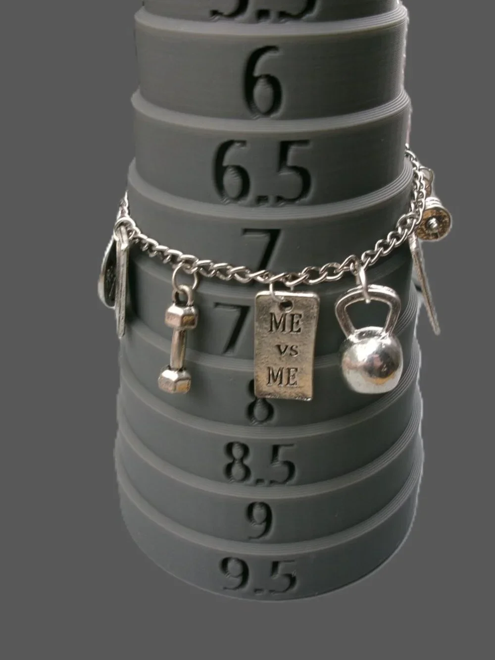 Silver Gym Fitness Motivational Charm Bracelet, Weigts, Dumbbell, Kettle Ball